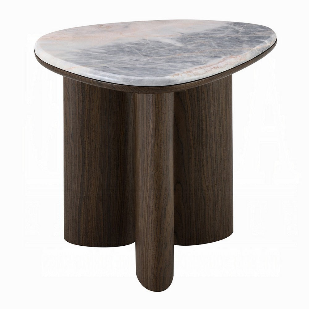 Sima Side End Table | 22" White Marble Top with 3 Leg | Brown Wood