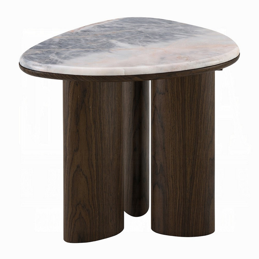 Sima Side End Table | 22" White Marble Top with 3 Leg | Brown Wood