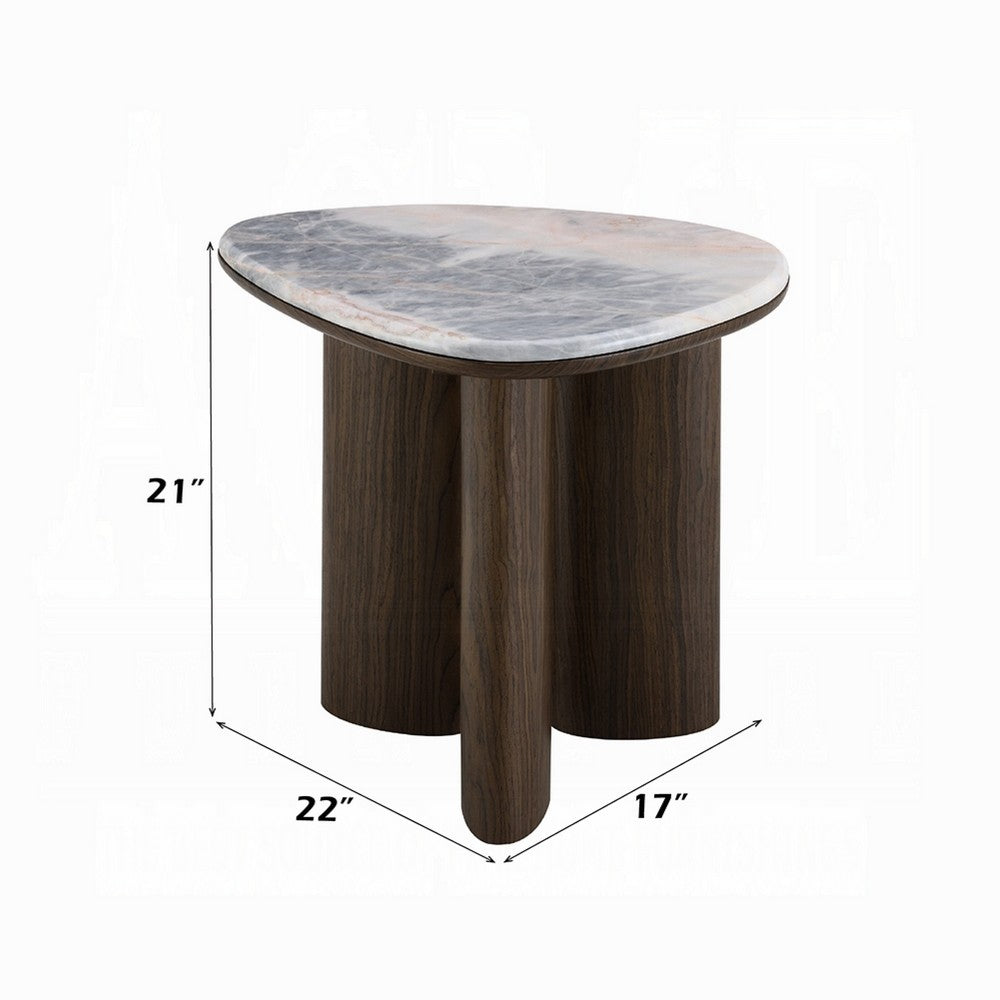 Sima Side End Table | 22" White Marble Top with 3 Leg | Brown Wood