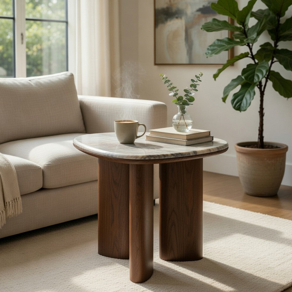 Sima Side End Table | 22" White Marble Top with 3 Leg | Brown Wood