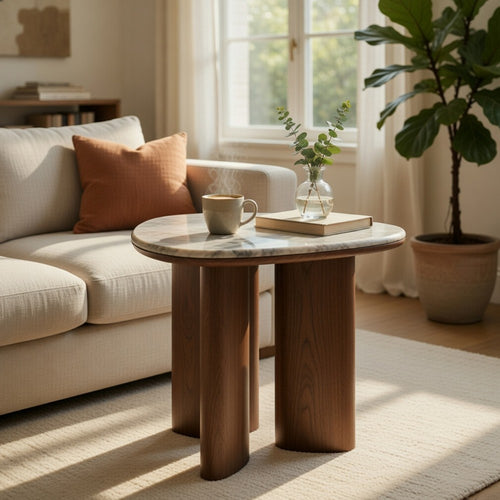 Sima Side End Table | 22" White Marble Top with 3 Leg | Brown Wood