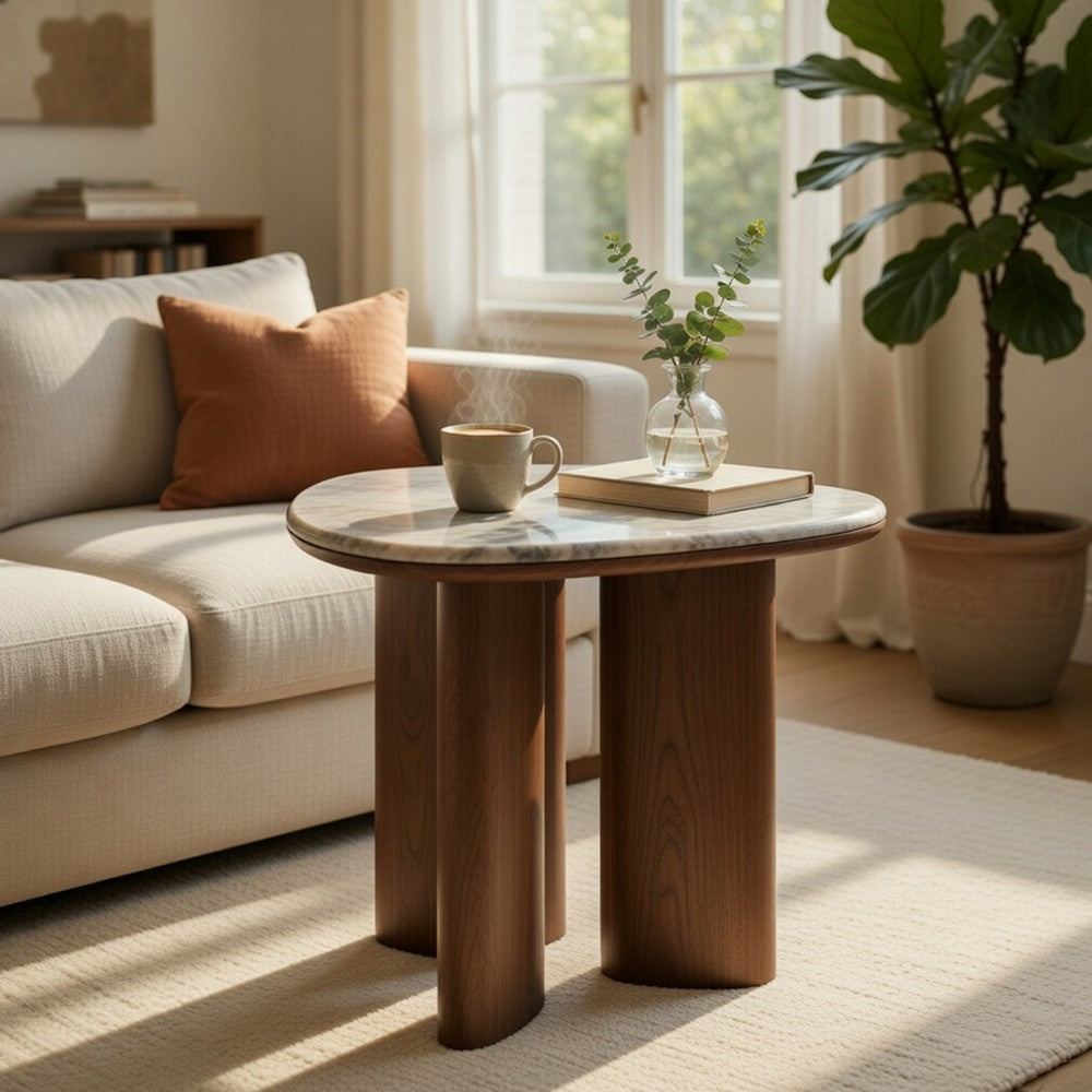 Sima Side End Table | 22" White Marble Top with 3 Leg | Brown Wood