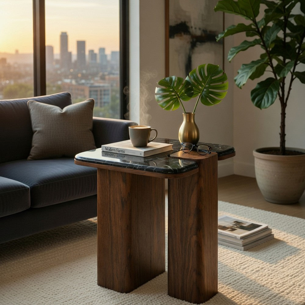 Pima Side End Table | 16" Black Marble Top | Dark Walnut Brown Base