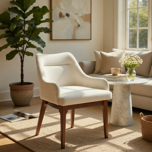 Pery Dining Side Chair Set of 2 | White Chenille | Angled Oak Brown Legs