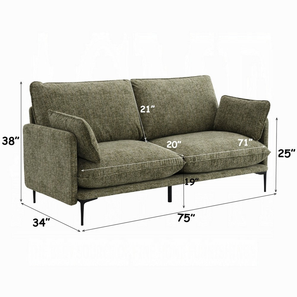 Dima Sofa with 2 Pillows | Green Chenille Upholstered Cushions | 75"