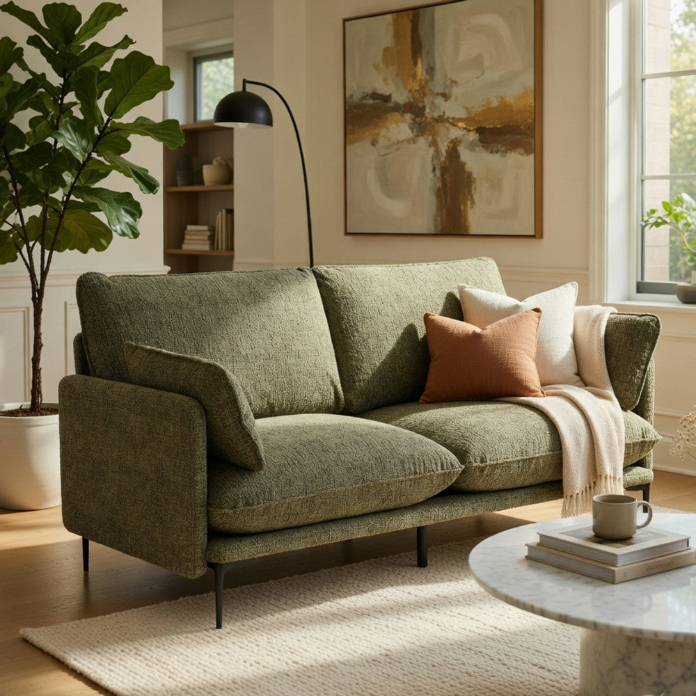 Dima Sofa with 2 Pillows | Green Chenille Upholstered Cushions | 75"