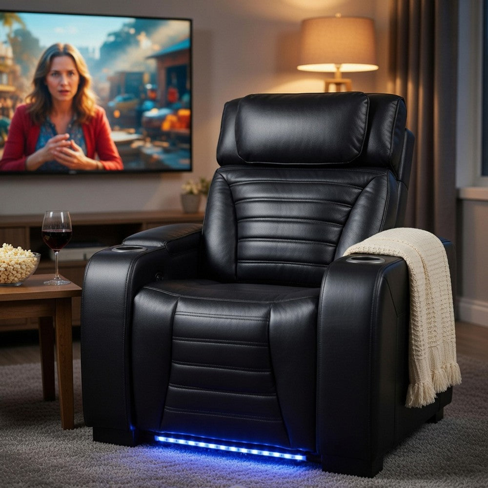 Pera Power Glider Recliner Chair with LED | USB Console | Black Faux Leather