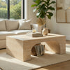 Pia Coffee Table | 48" Scandi Travertine Top | Natural Brown Arch Base