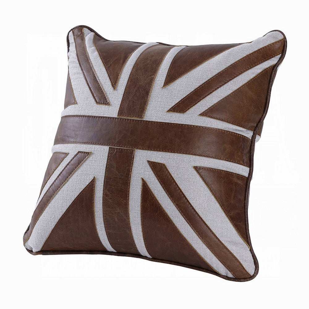 Bran Accent Pillow Set of 2 | Union Jack Brown Top Grain Leather | Gray 20"