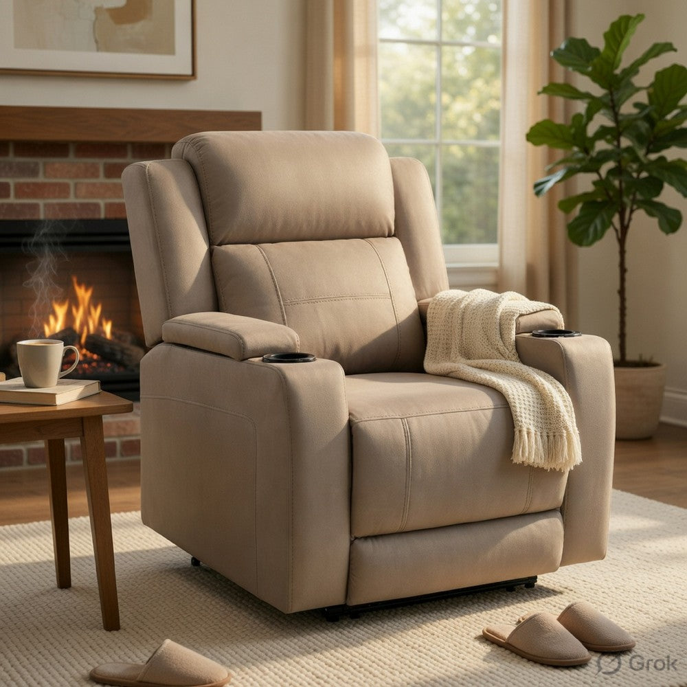 Jeja Power Motion Recliner Chair with Storage | Gray Faux Camel Leather