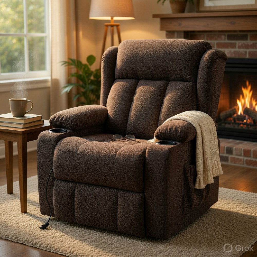 Leu Power Motion Recliner Chair with Lift | Wide Tufting | Brown Linen