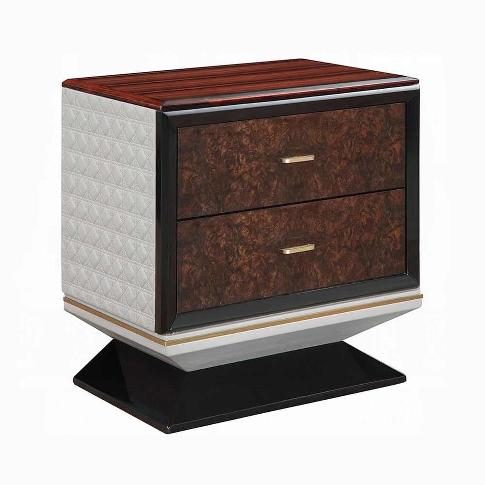 Soen Nightstand | 2 Drawers | Quilted Beige Linen | Brown Pedestal Base