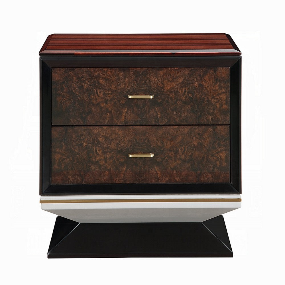 Soen Nightstand | 2 Drawers | Quilted Beige Linen | Brown Pedestal Base