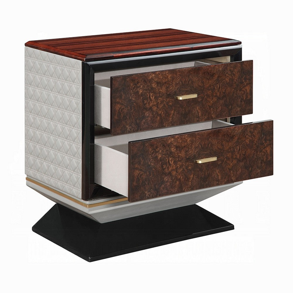 Soen Nightstand | 2 Drawers | Quilted Beige Linen | Brown Pedestal Base
