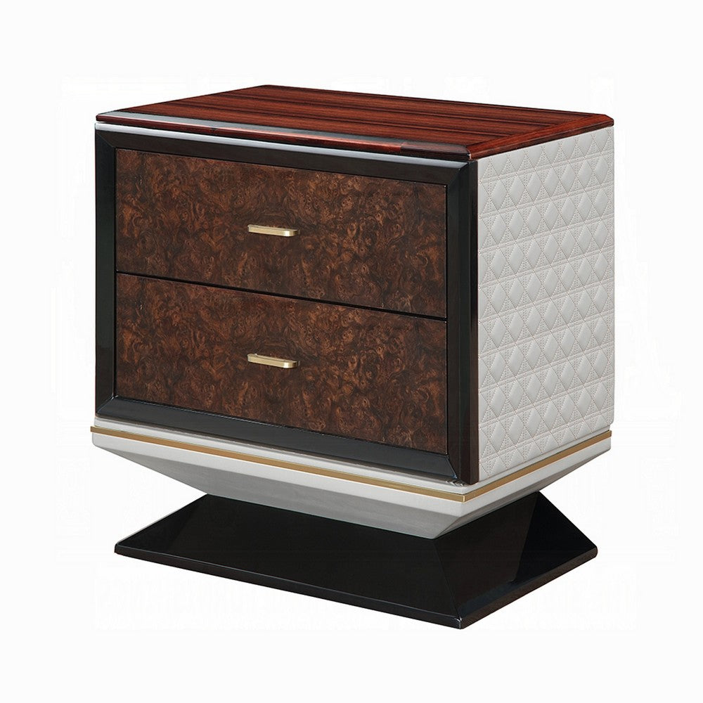 Soen Nightstand | 2 Drawers | Quilted Beige Linen | Brown Pedestal Base