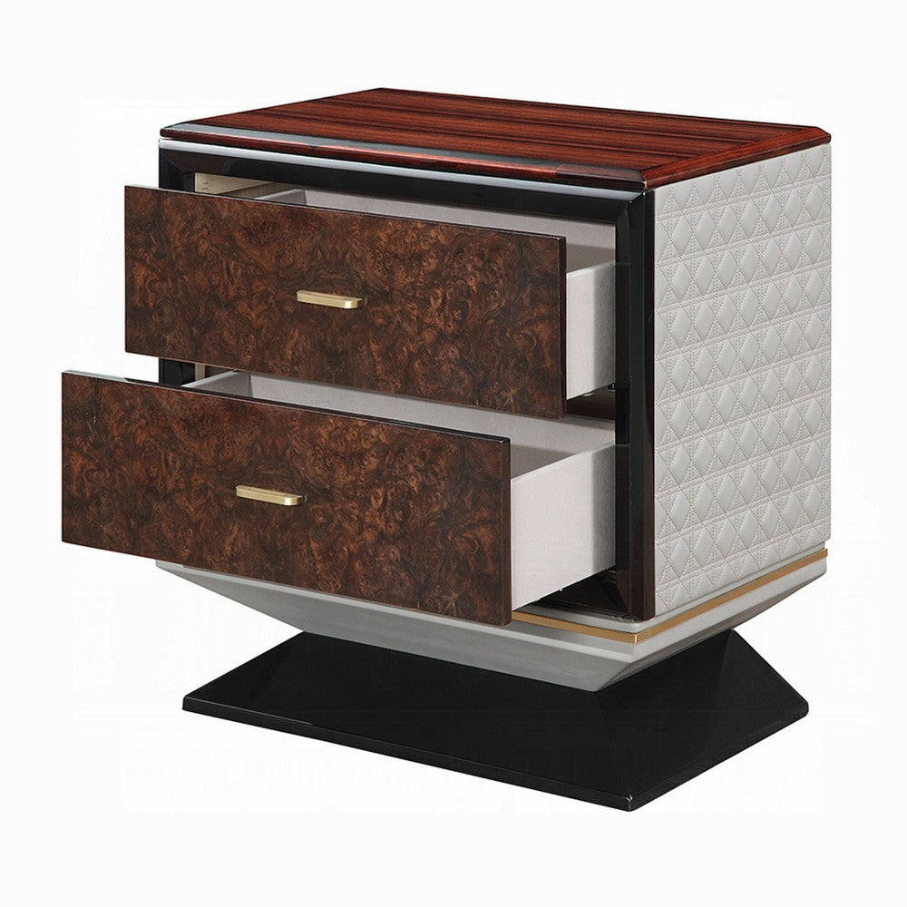 Soen Nightstand | 2 Drawers | Quilted Beige Linen | Brown Pedestal Base
