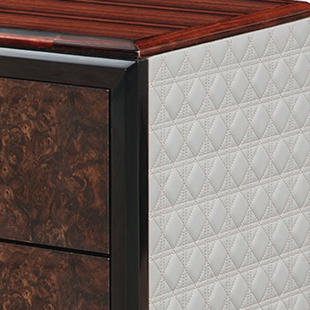 Soen Nightstand | 2 Drawers | Quilted Beige Linen | Brown Pedestal Base
