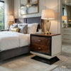 Soen Nightstand | 2 Drawers | Quilted Beige Linen | Brown Pedestal Base
