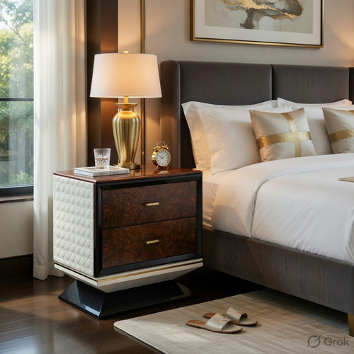 Soen Nightstand | 2 Drawers | Quilted Beige Linen | Brown Pedestal Base