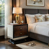 Soen Nightstand | 2 Drawers | Quilted Beige Linen | Brown Pedestal Base