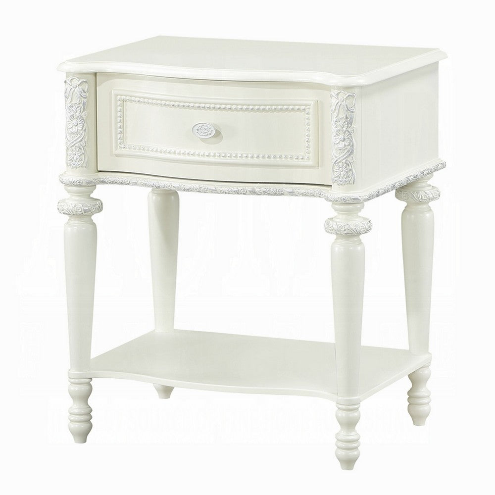 Dorie Nightstand | Drawer & Shelf | Egg Molded Trim Floral Carved Ivory Wood