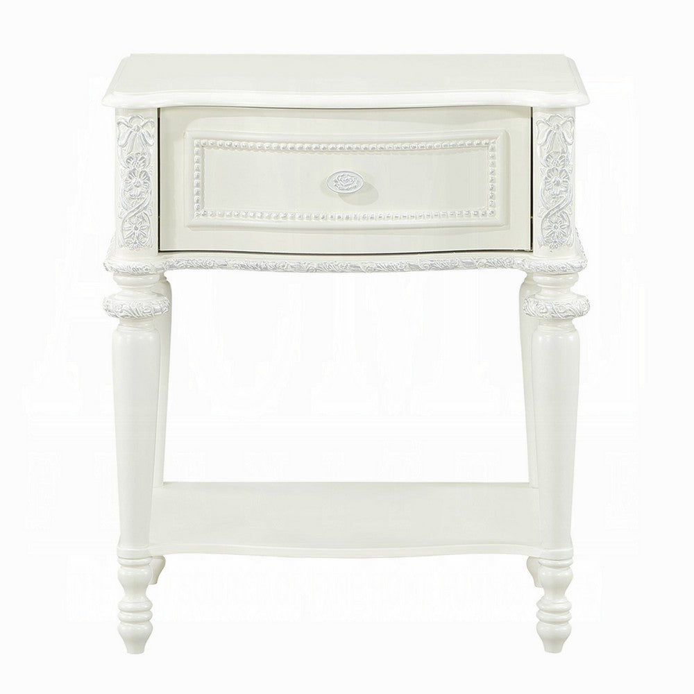 Dorie Nightstand | Drawer & Shelf | Egg Molded Trim Floral Carved Ivory Wood