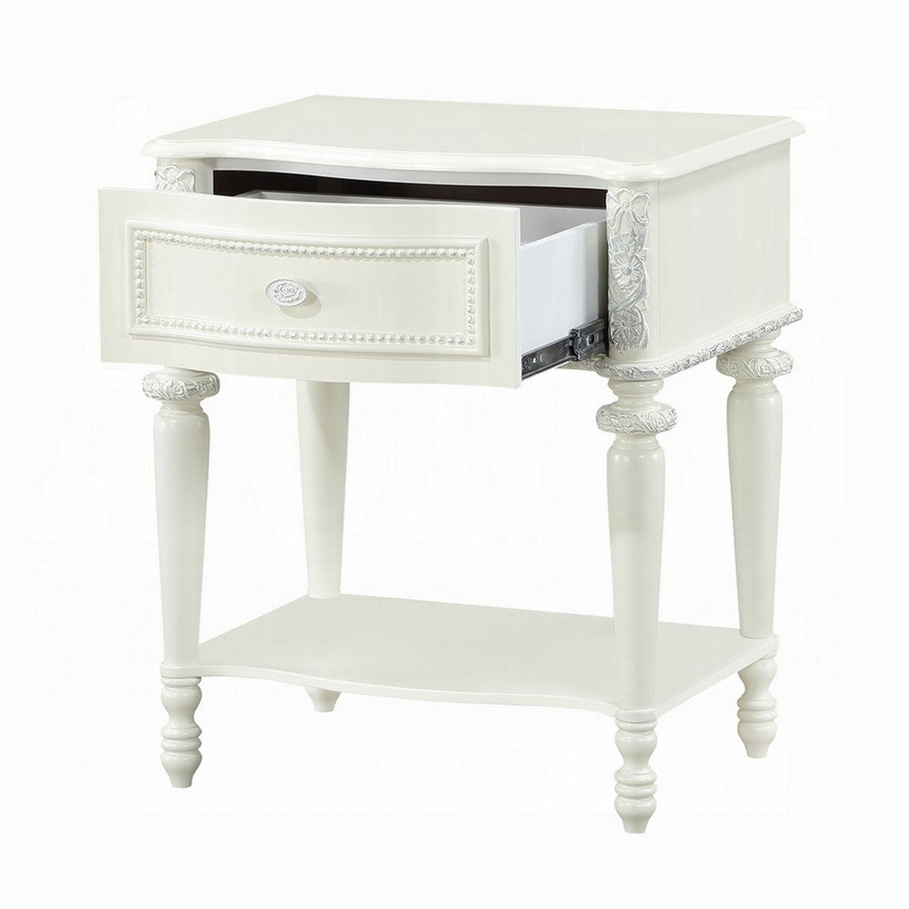 Dorie Nightstand | Drawer & Shelf | Egg Molded Trim Floral Carved Ivory Wood