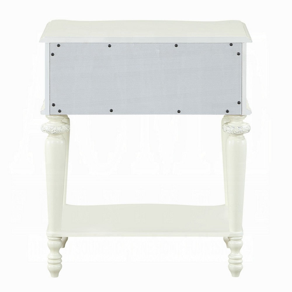 Dorie Nightstand | Drawer & Shelf | Egg Molded Trim Floral Carved Ivory Wood