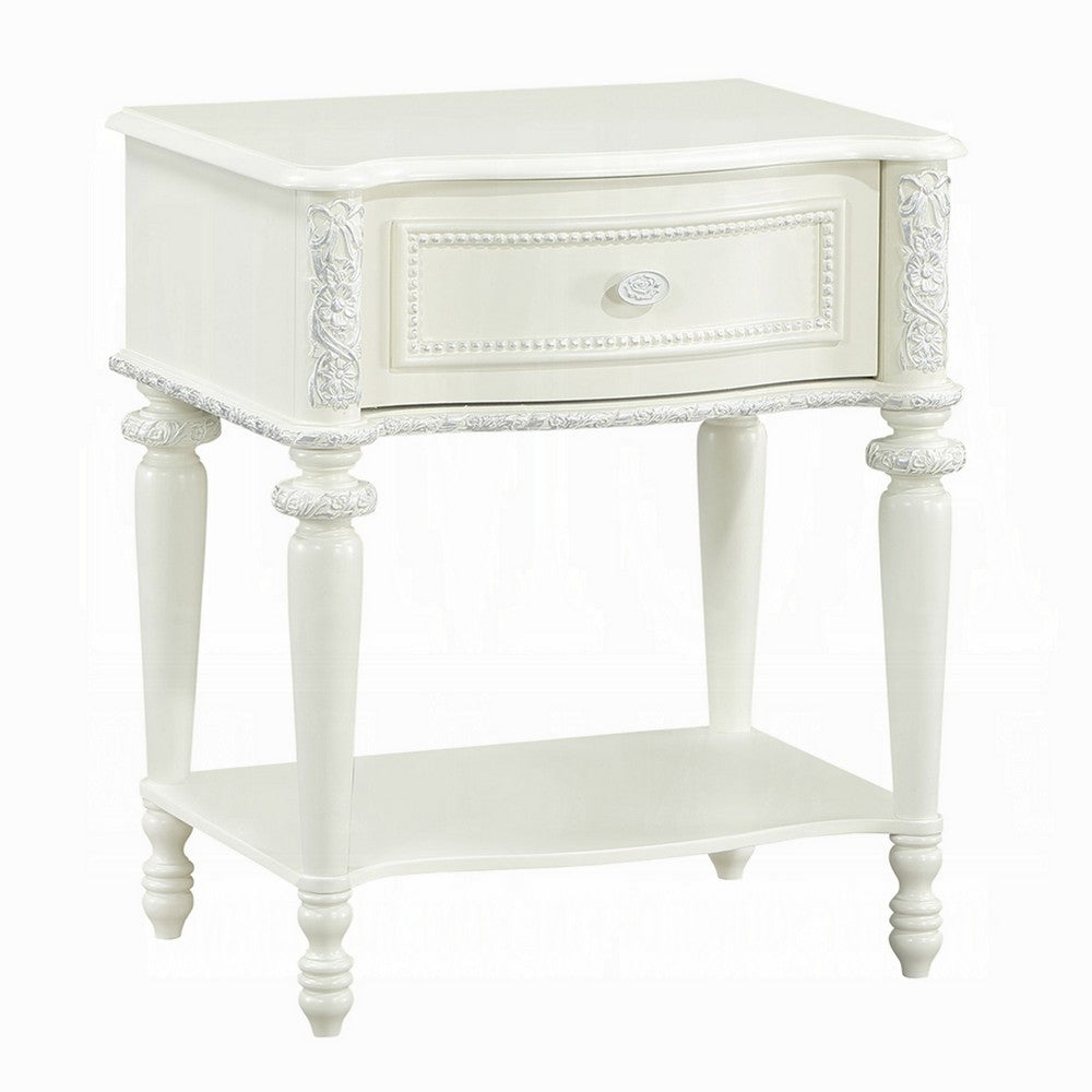 Dorie Nightstand | Drawer & Shelf | Egg Molded Trim Floral Carved Ivory Wood