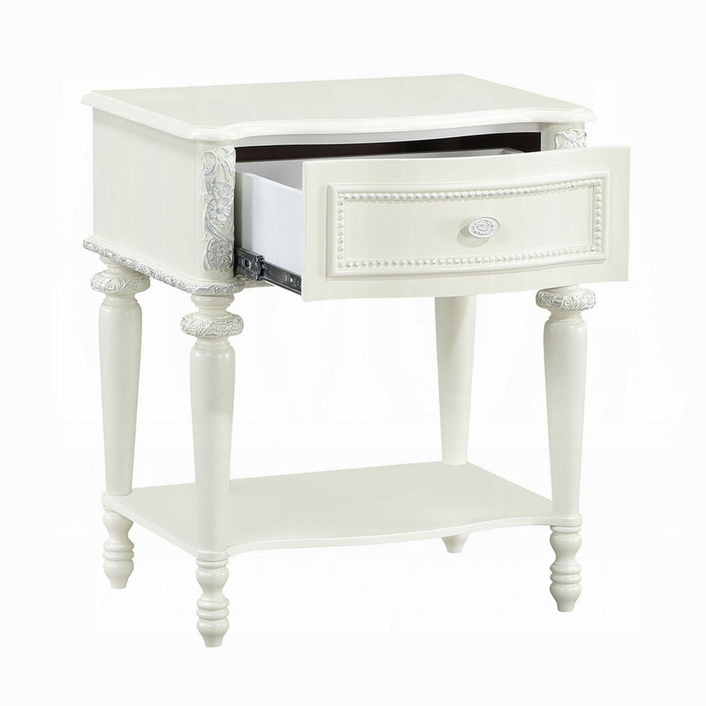 Dorie Nightstand | Drawer & Shelf | Egg Molded Trim Floral Carved Ivory Wood