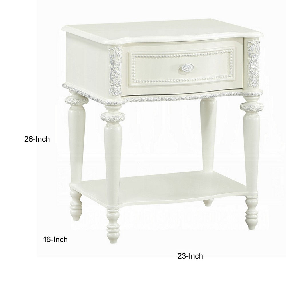 Dorie Nightstand | Drawer & Shelf | Egg Molded Trim Floral Carved Ivory Wood