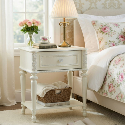Dorie Nightstand | Drawer & Shelf | Egg Molded Trim Floral Carved Ivory Wood