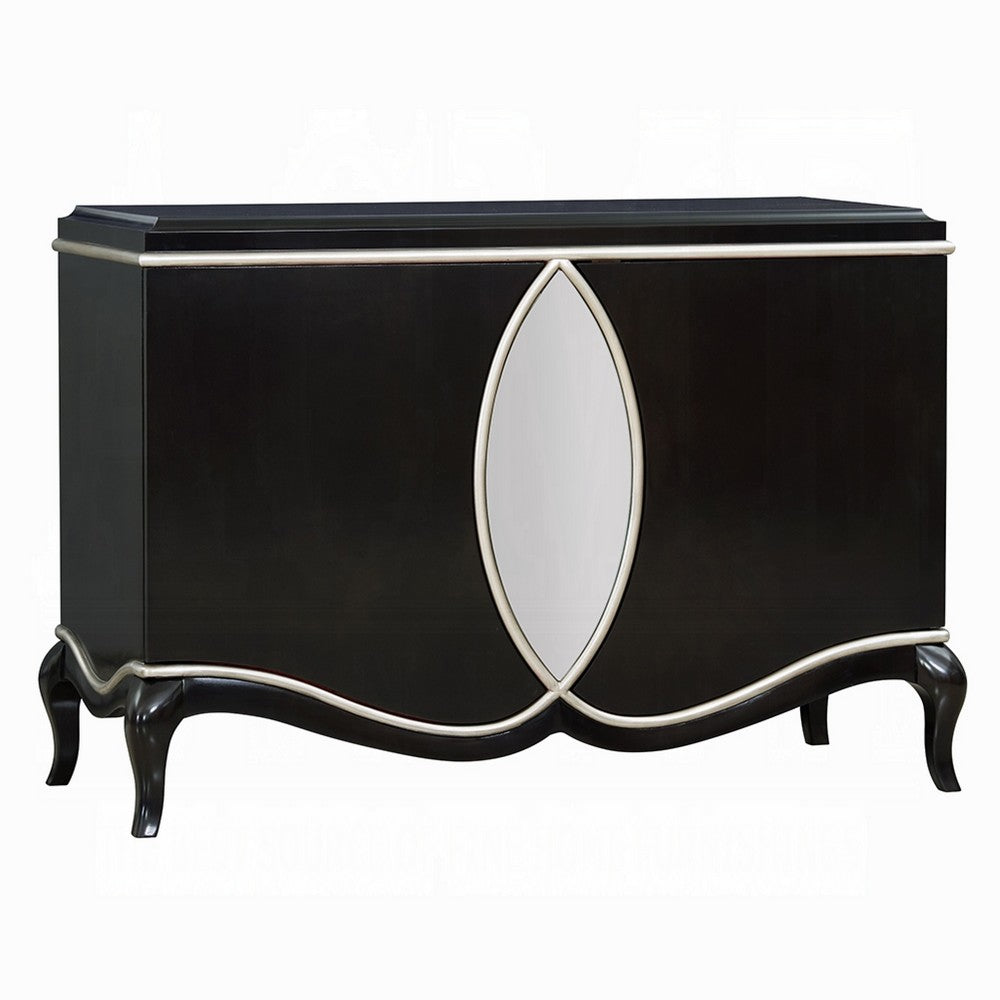 2 Door Cabinet Console | Mirror Trim Inlay | Scalloped Base | Black 50"