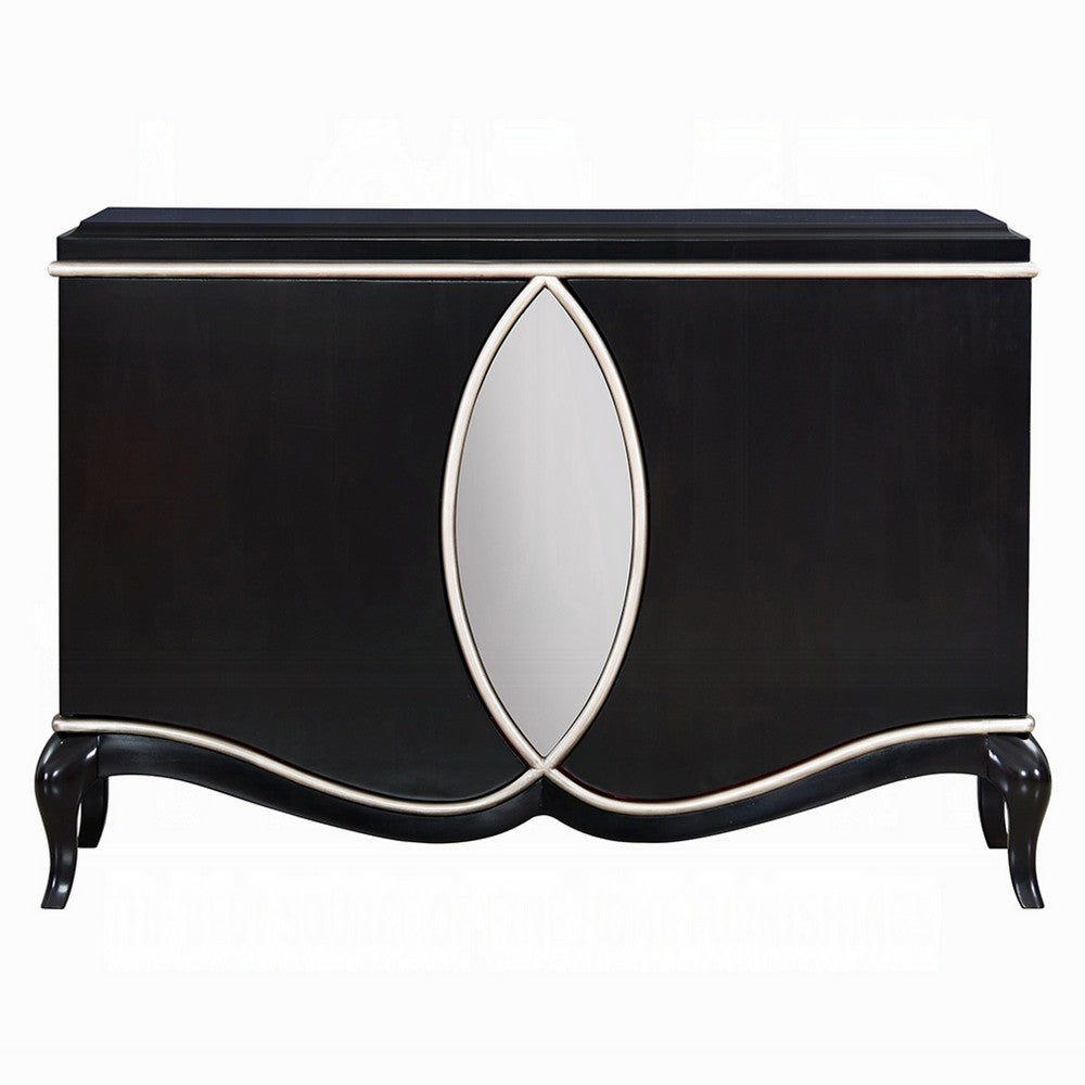 2 Door Cabinet Console | Mirror Trim Inlay | Scalloped Base | Black 50"