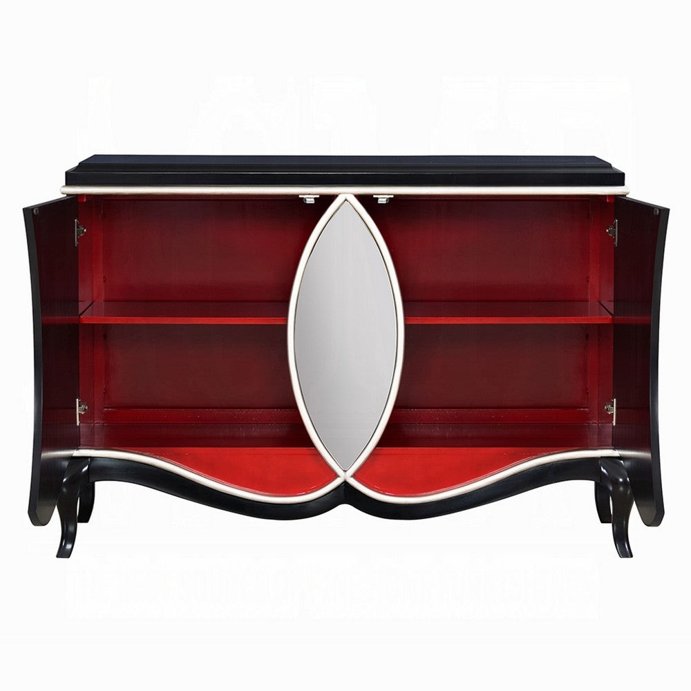 2 Door Cabinet Console | Mirror Trim Inlay | Scalloped Base | Black 50"