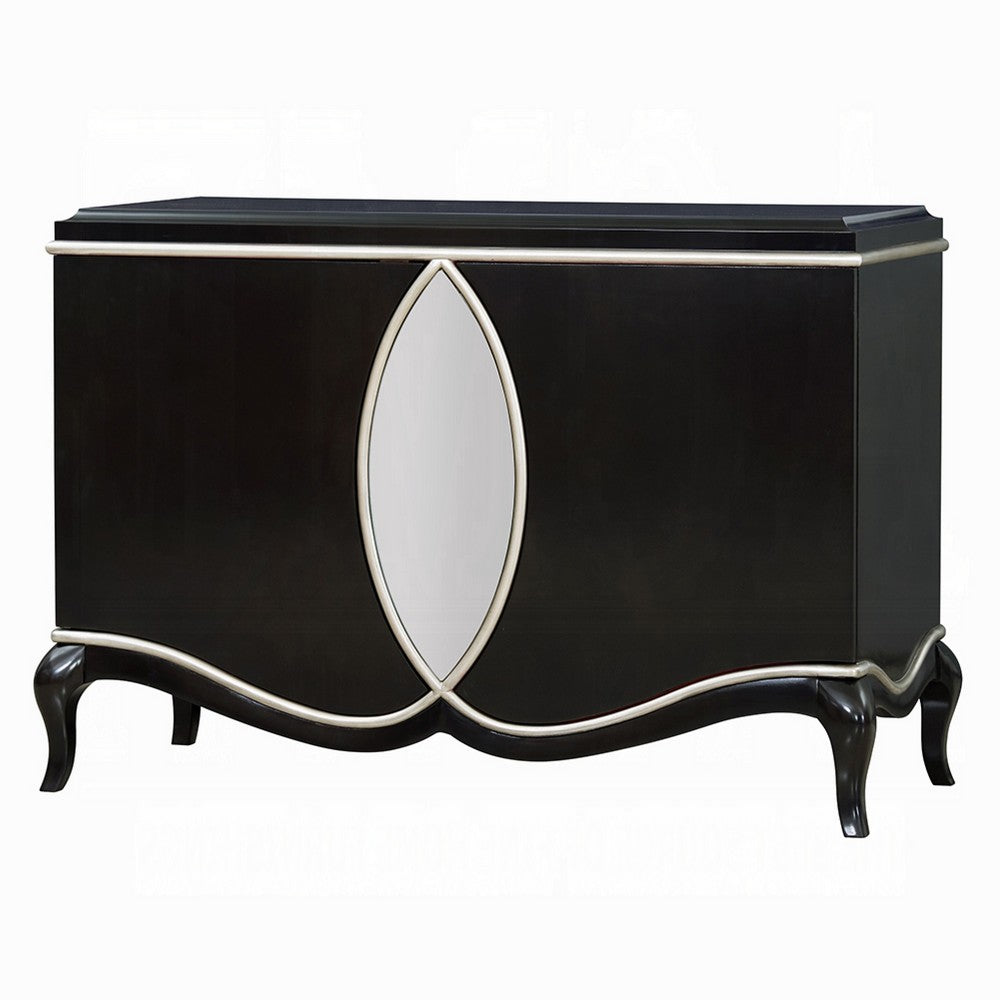2 Door Cabinet Console | Mirror Trim Inlay | Scalloped Base | Black 50"