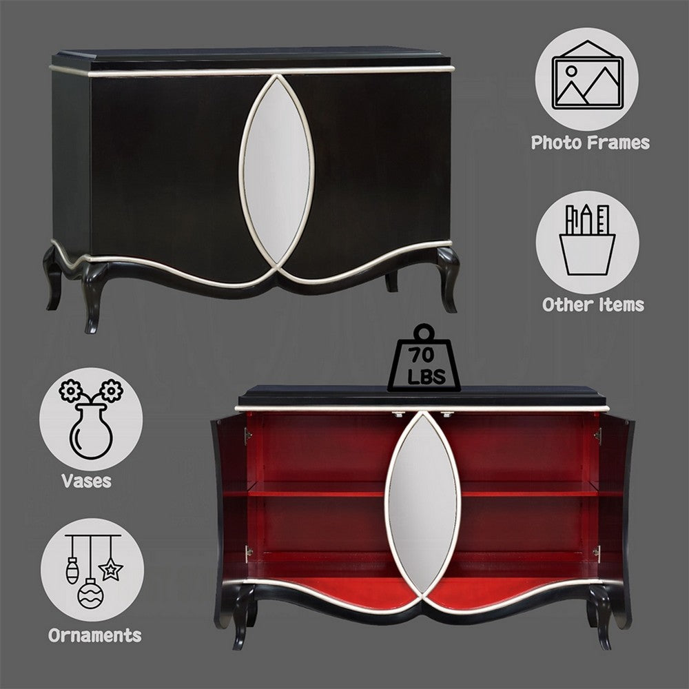 2 Door Cabinet Console | Mirror Trim Inlay | Scalloped Base | Black 50"