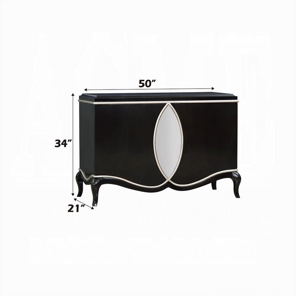 2 Door Cabinet Console | Mirror Trim Inlay | Scalloped Base | Black 50"