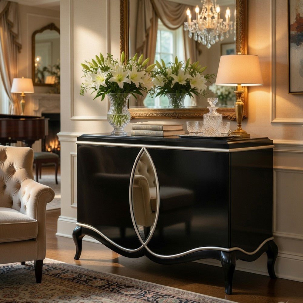 2 Door Cabinet Console | Mirror Trim Inlay | Scalloped Base | Black 50"