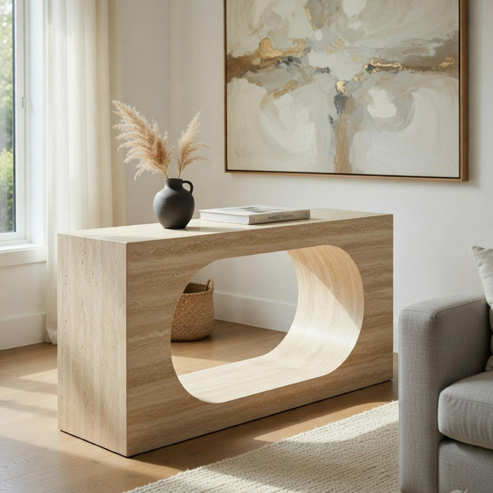Pia Console Table | Oval Cutout Center | Beige Travertine Stone 59"