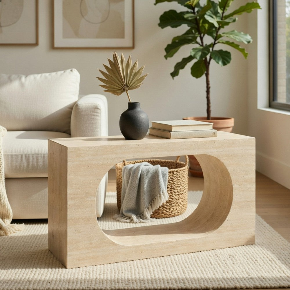 Pia Console Table | Oval Cutout Center | Beige Travertine Stone 59"