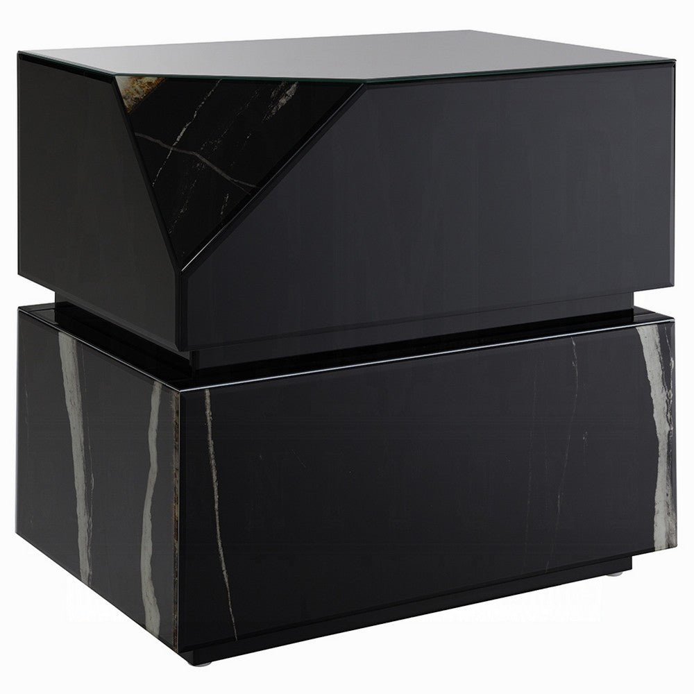 Ishi Side End Table | Faceted Marble Grain | Black Mirrored Glass 24"