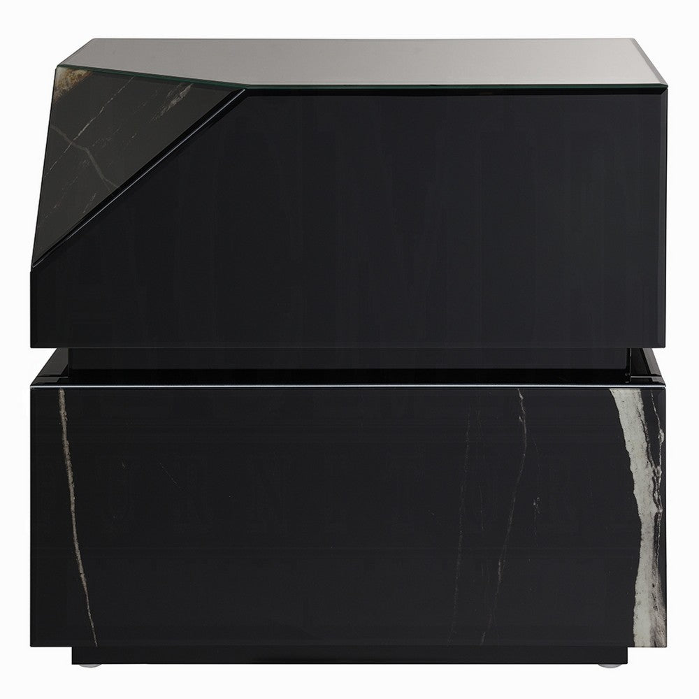 Ishi Side End Table | Faceted Marble Grain | Black Mirrored Glass 24"