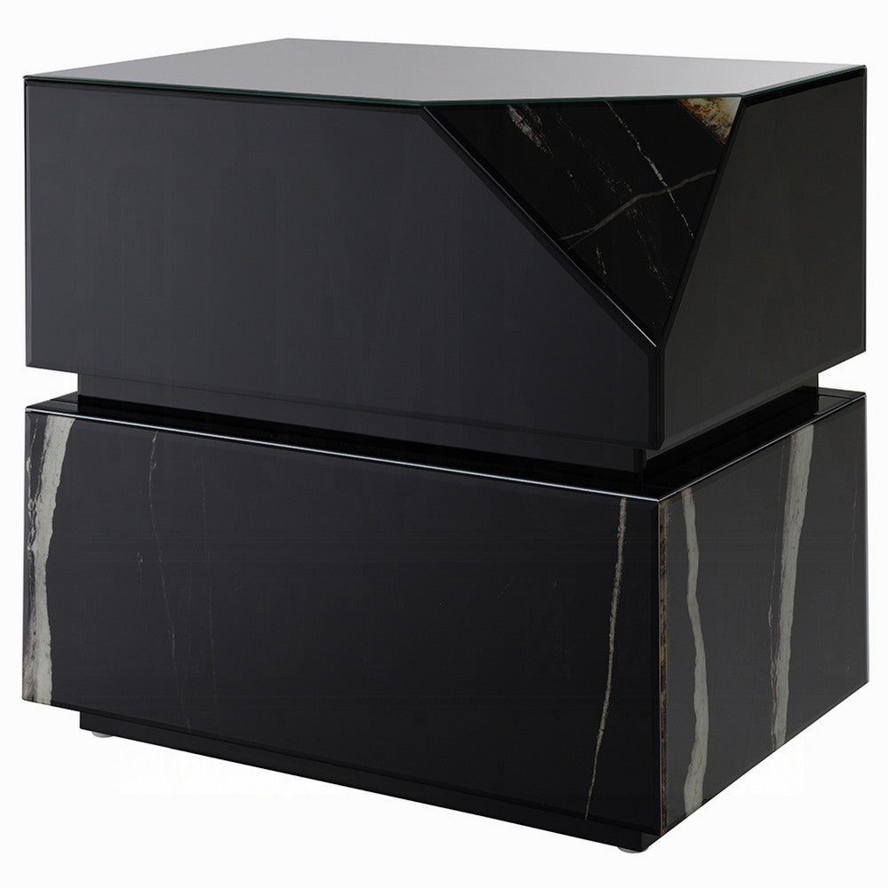Ishi Side End Table | Faceted Marble Grain | Black Mirrored Glass 24"