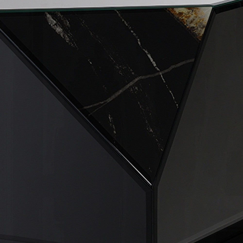 Ishi Side End Table | Faceted Marble Grain | Black Mirrored Glass 24"