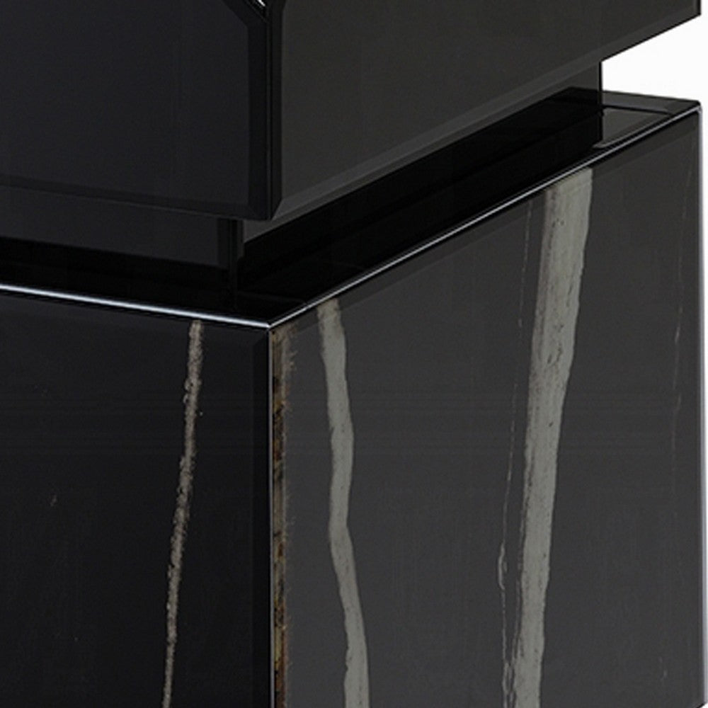 Ishi Side End Table | Faceted Marble Grain | Black Mirrored Glass 24"