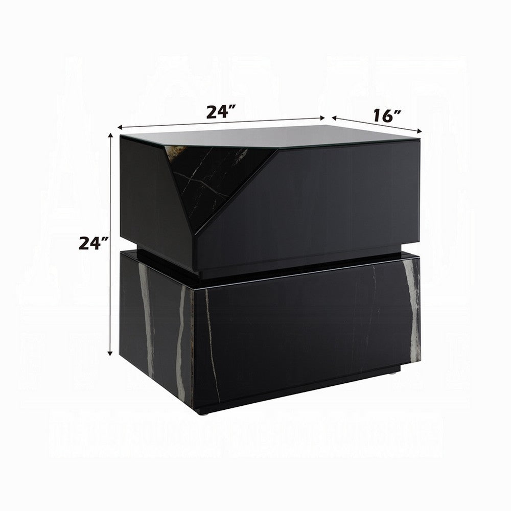 Ishi Side End Table | Faceted Marble Grain | Black Mirrored Glass 24"