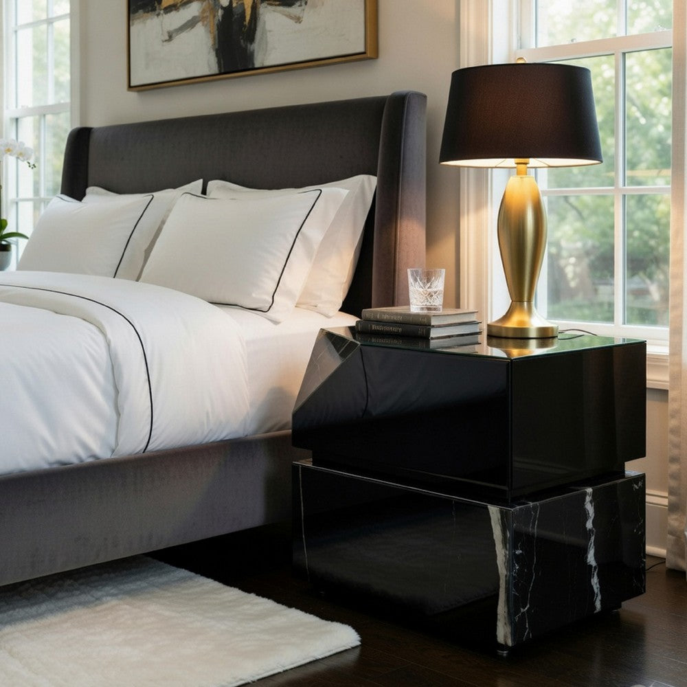 Ishi Side End Table | Faceted Marble Grain | Black Mirrored Glass 24"