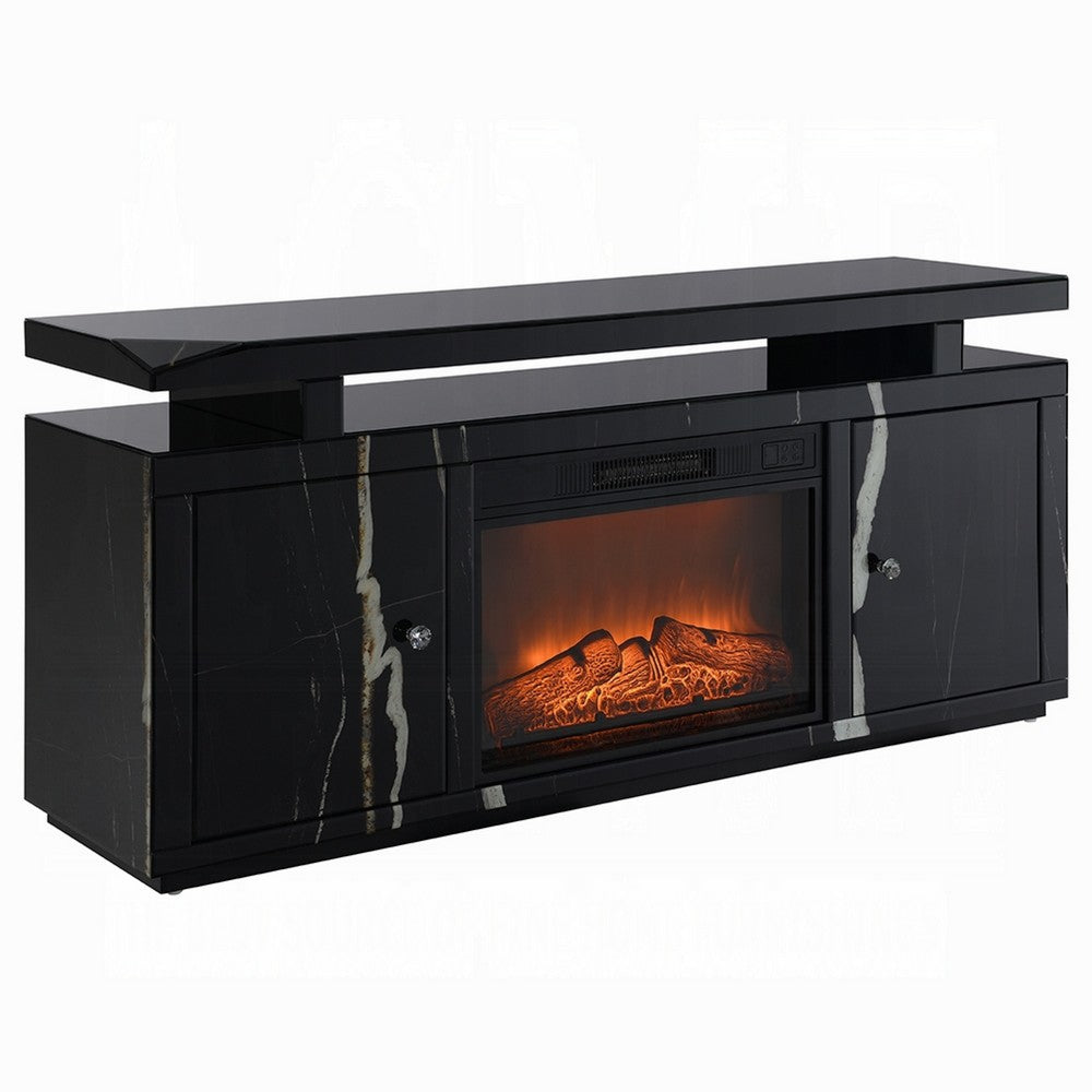 TV Stand Media Cabinet w Firecore LED Fireplace | 2 Doors | Black Glass 59"