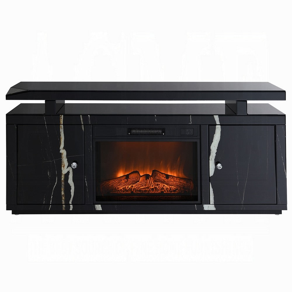 TV Stand Media Cabinet w Firecore LED Fireplace | 2 Doors | Black Glass 59"